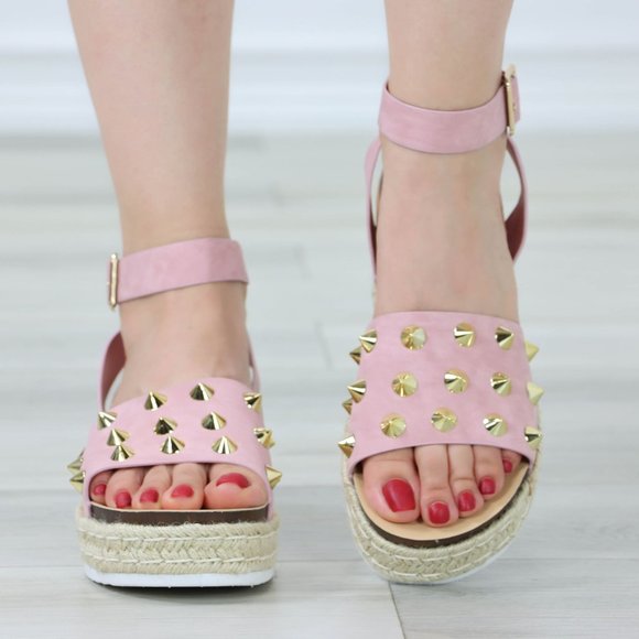 Dusty Pink Nubuck Metal Stud Sandals Espadrille Platform Heel - Picture 3 of 13